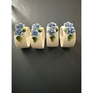 Set Of 4 White With Raised Blue Rose Bone China Napkin Rings Taiwan